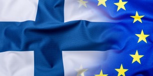 Flags of the Finland and the European Union. Finland Flag and EU Flag. World flag money concept